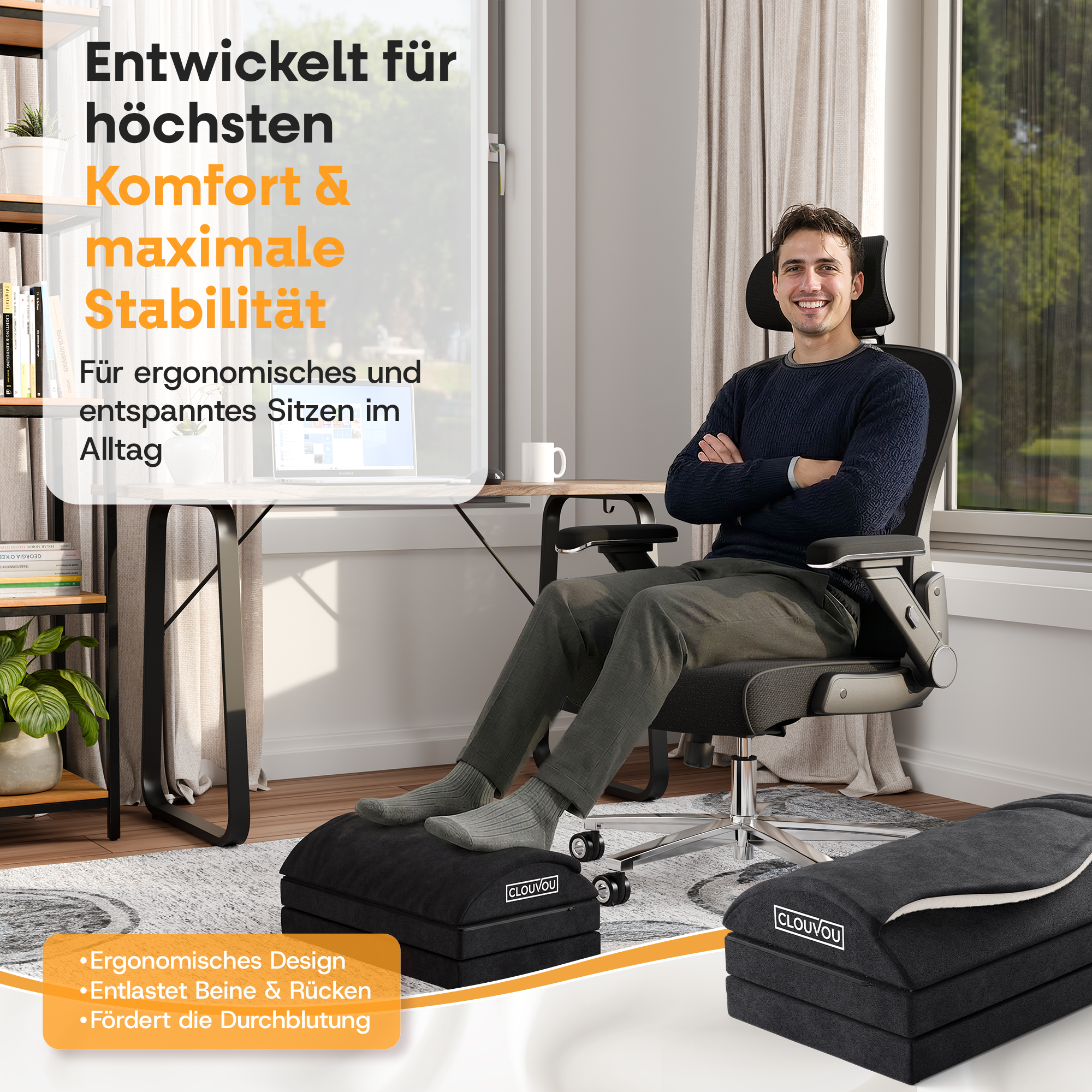CLOUVOU MasterRest – Ergonomische Fußstütze | 3 Höhenstufen & Wärmetasche