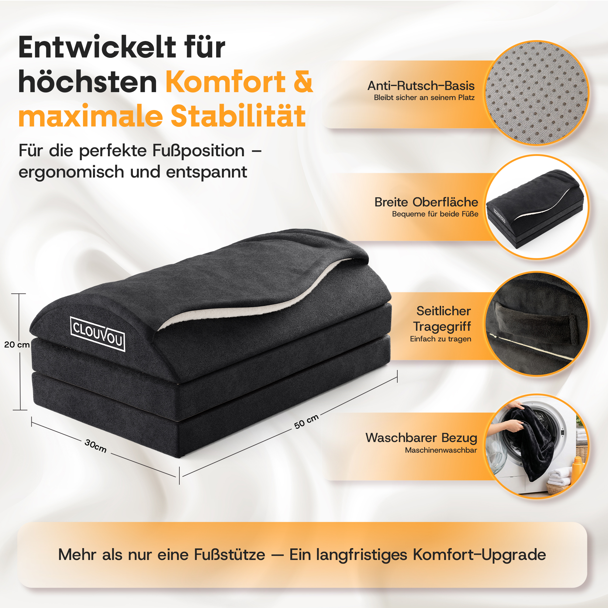 CLOUVOU MasterRest – Ergonomische Fußstütze | 3 Höhenstufen & Wärmetasche