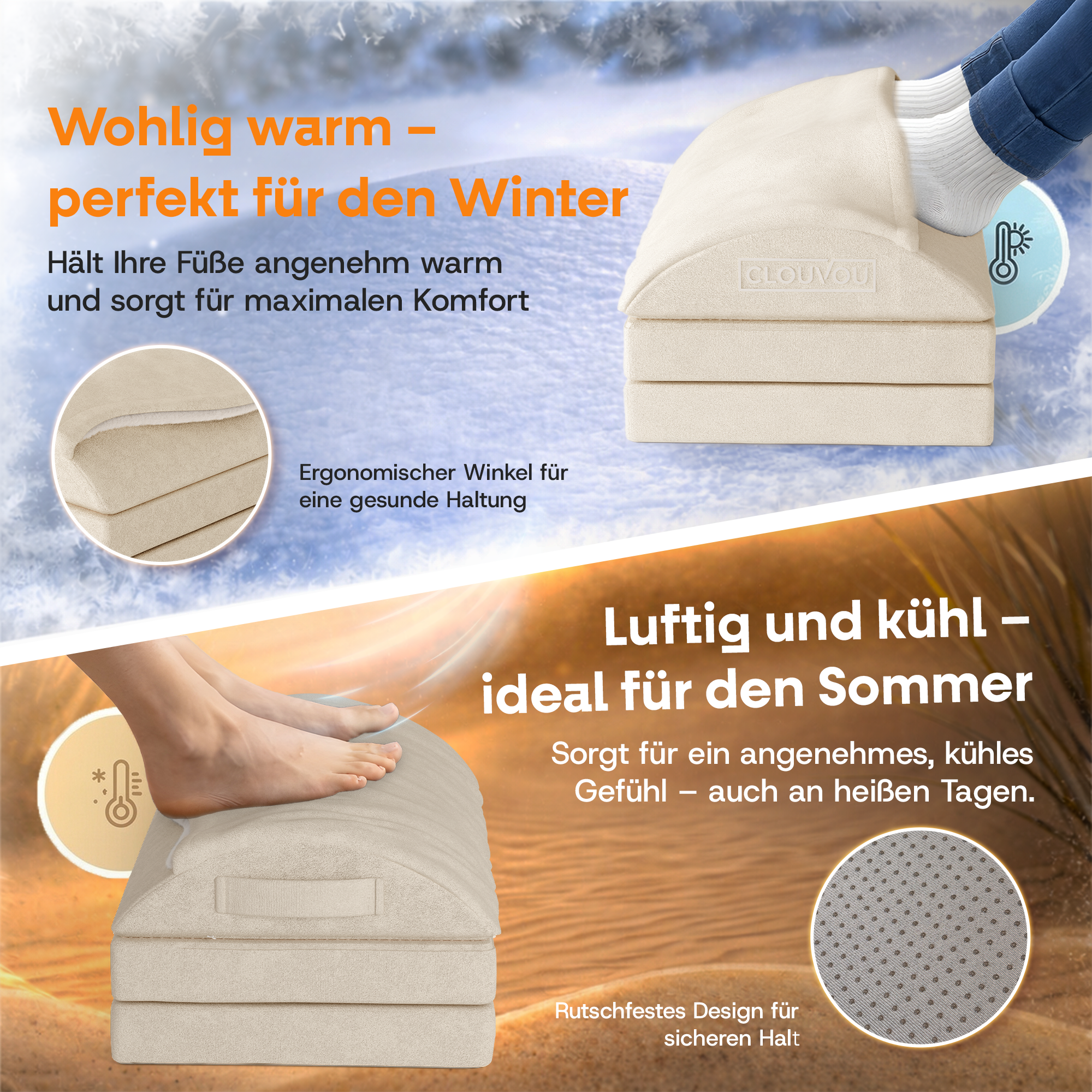 CLOUVOU MasterRest – Ergonomische Fußstütze | 3 Höhenstufen & Wärmetasche