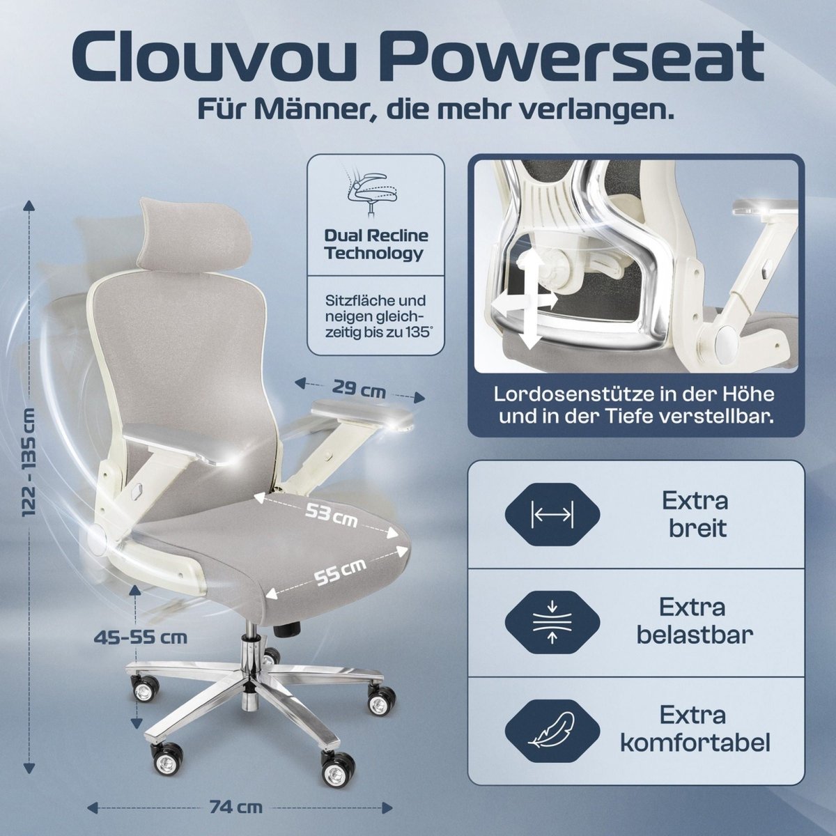 CLOUVOU PowerSeat - Ergonomischer extra breiter Bürostuhl - Clouvou Creme